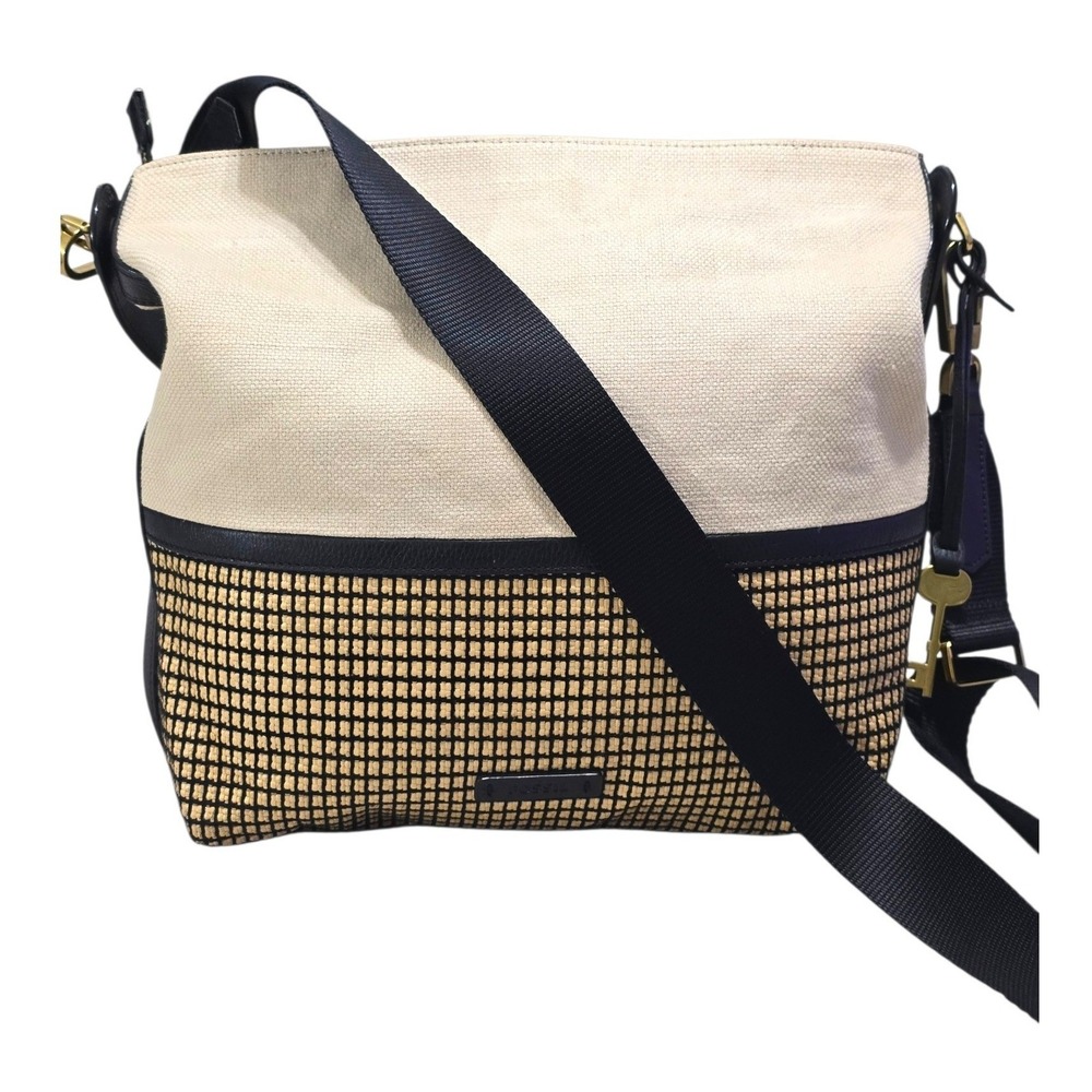 Fossil Crossbody Bag Canvas Woven Straw Cream Black Leather Trim Gold Key Charm